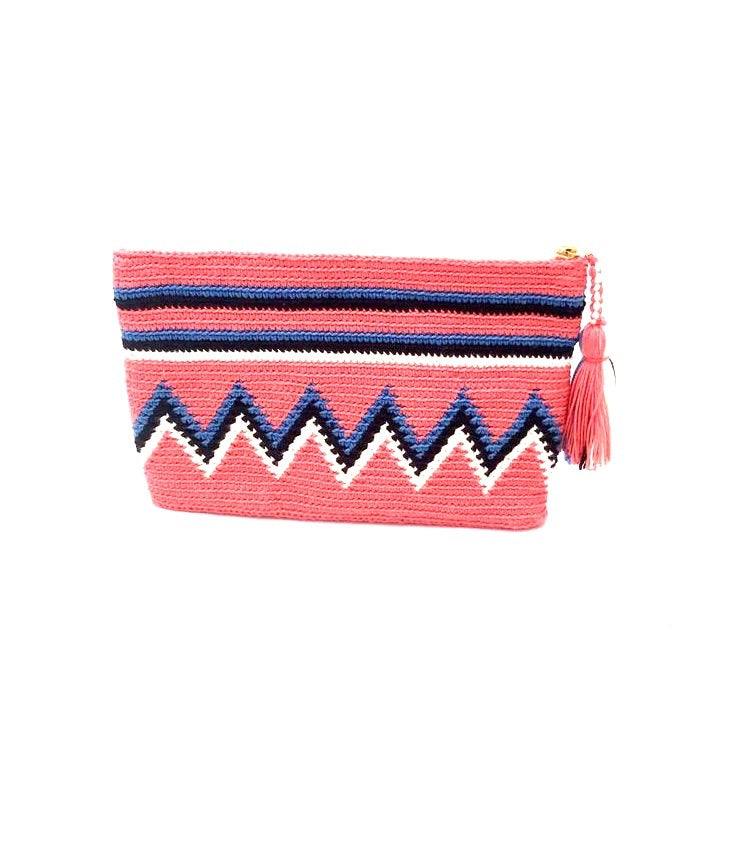 Clutch, Coral body blue, black and white sequence, with tassel.