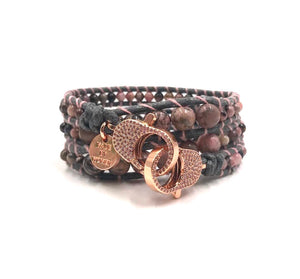 Clip to impact rhodonite bracelet, rose gold zirconia studded clips.