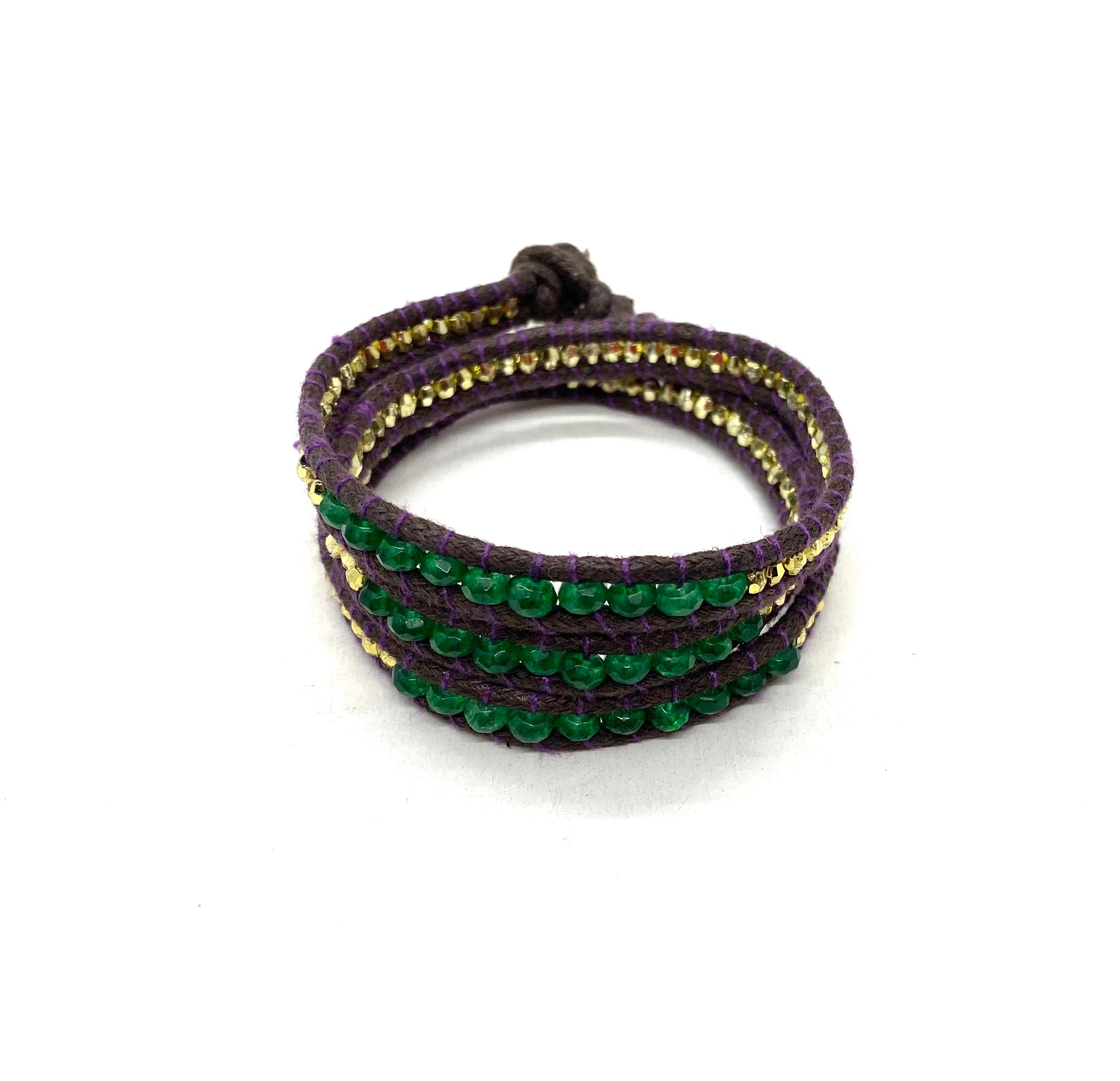 Wraparound green garnet, petrol cord gold resin side bead.