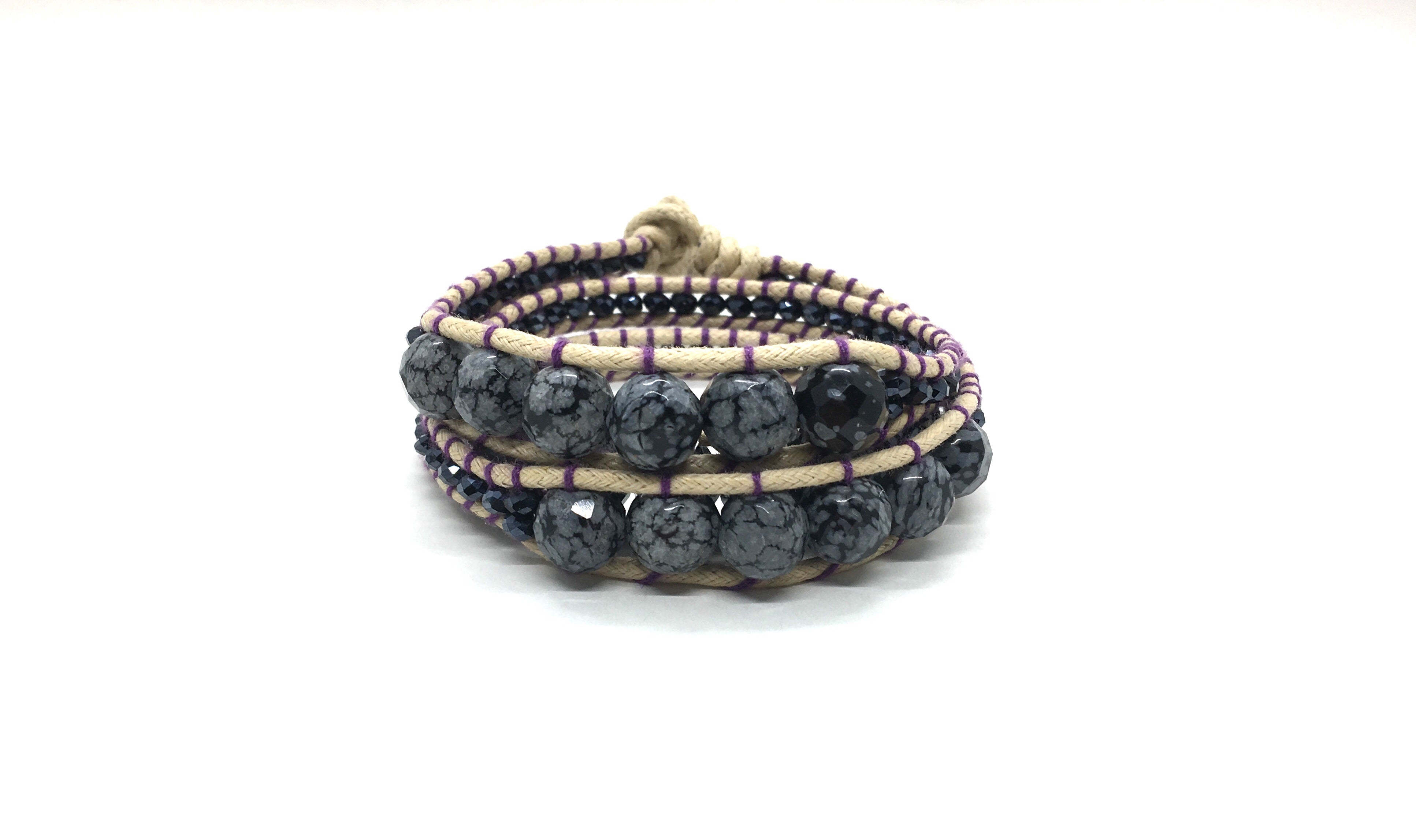 Wraparound bracelet, Marble grey, Obsidian stone.