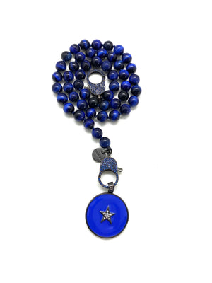Lapis tiger stone Gaia necklace, round navy star pendant, deep blue zirconia clips