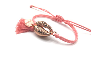 Rose Gold Shell bracelet, salmon Miyuki beads and tassel.