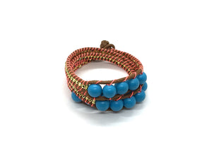 Triple Wrap around - turquoise small stone - brown cord - coral fluo thread