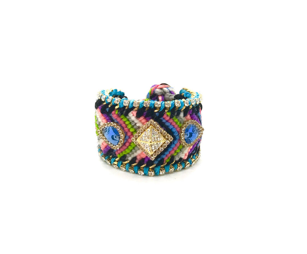 Luxury friendship bracelet- pink green mix- light blue crystal- light blue ribbon