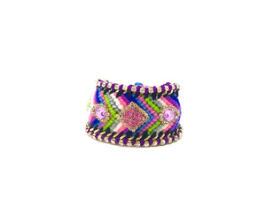 Luxury friendship bracelet- pink green mix- purple crystal- purple ribbon