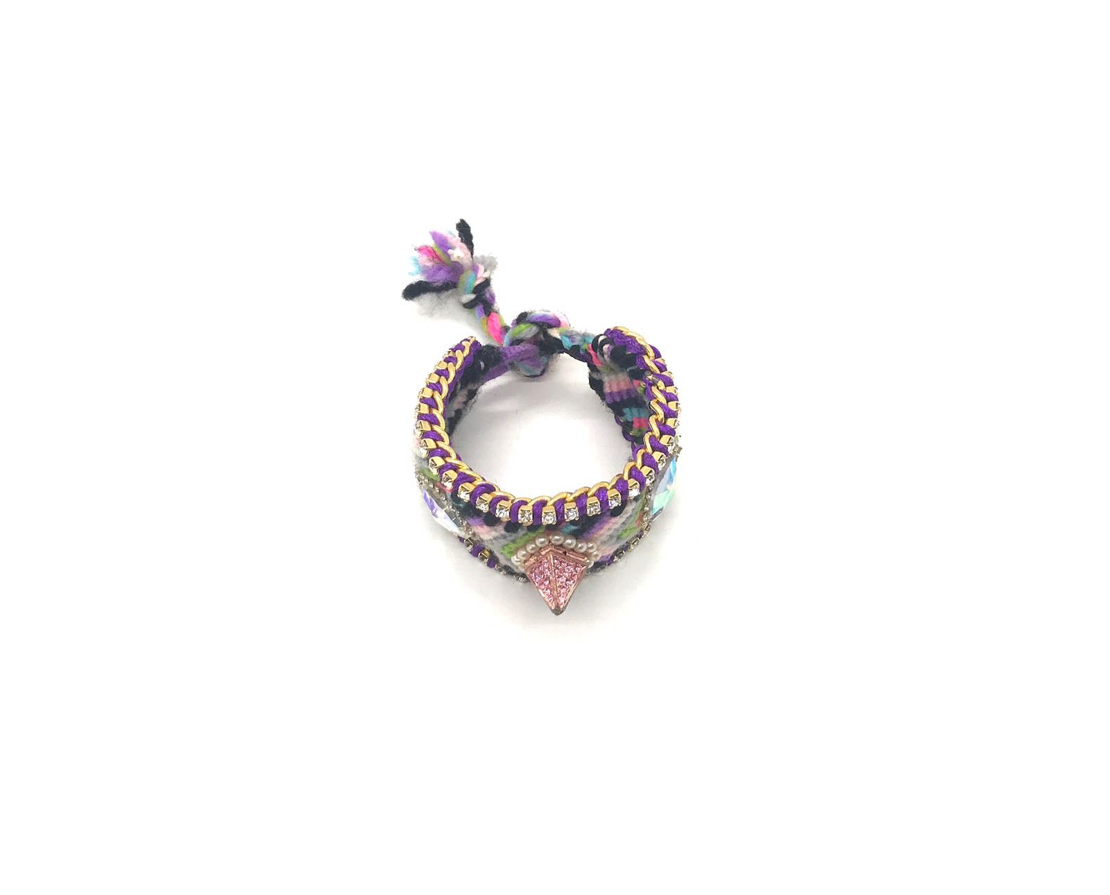 Luxury friendship bracelet- pink green mix- AB crystal- purple ribbon