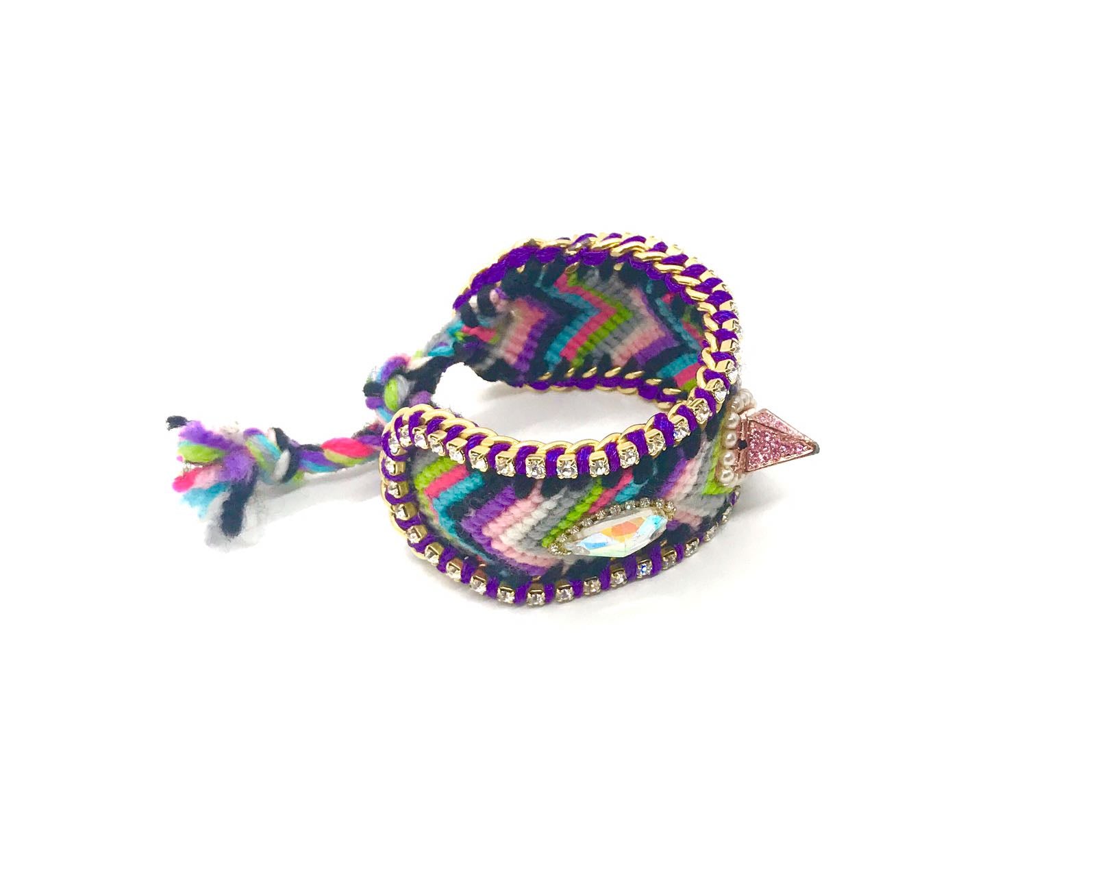 Luxury friendship bracelet- pink green mix- AB crystal- purple ribbon