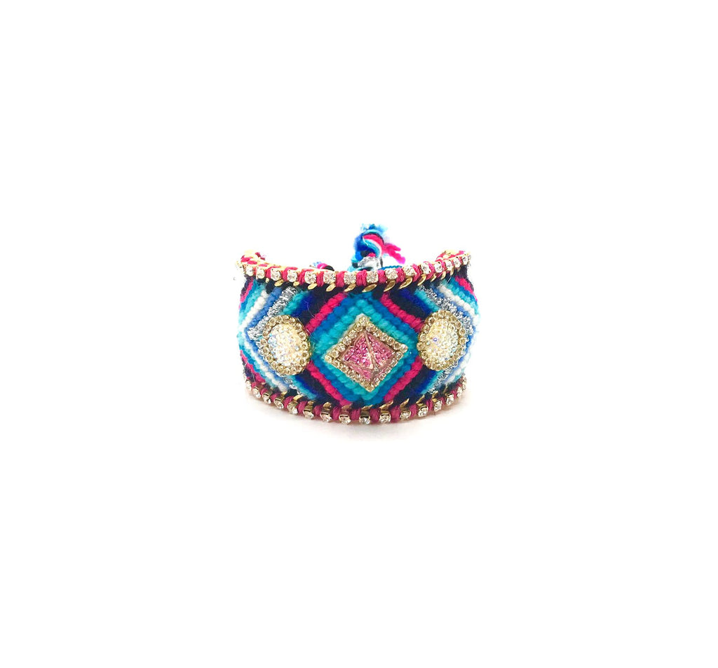 Luxury friendship bracelet- blue mix- AB raisin circle- pink ribbon