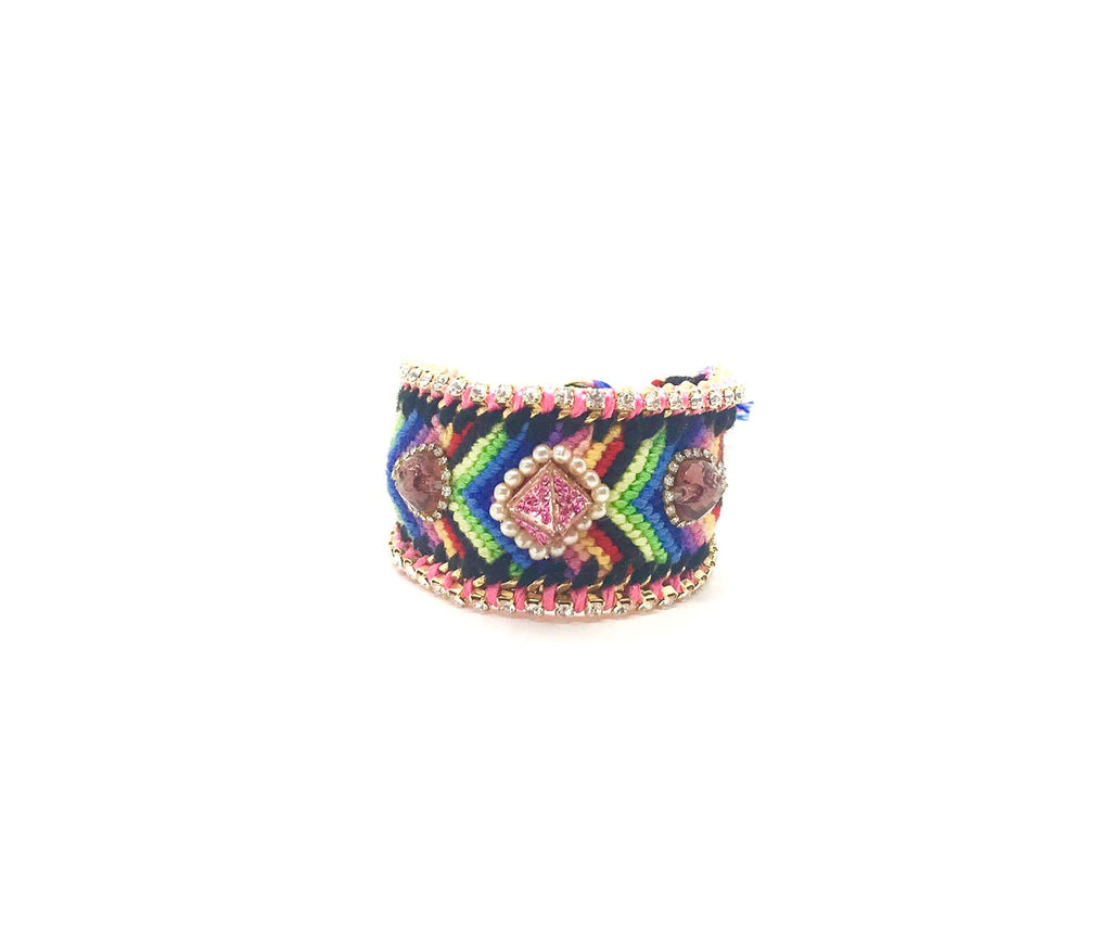 Luxury friendship bracelet- rainbow mix- purple crystal- pink ribbon