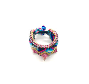 Luxury friendship bracelet- blue mix- pink crystal pyramid- pink ribbon