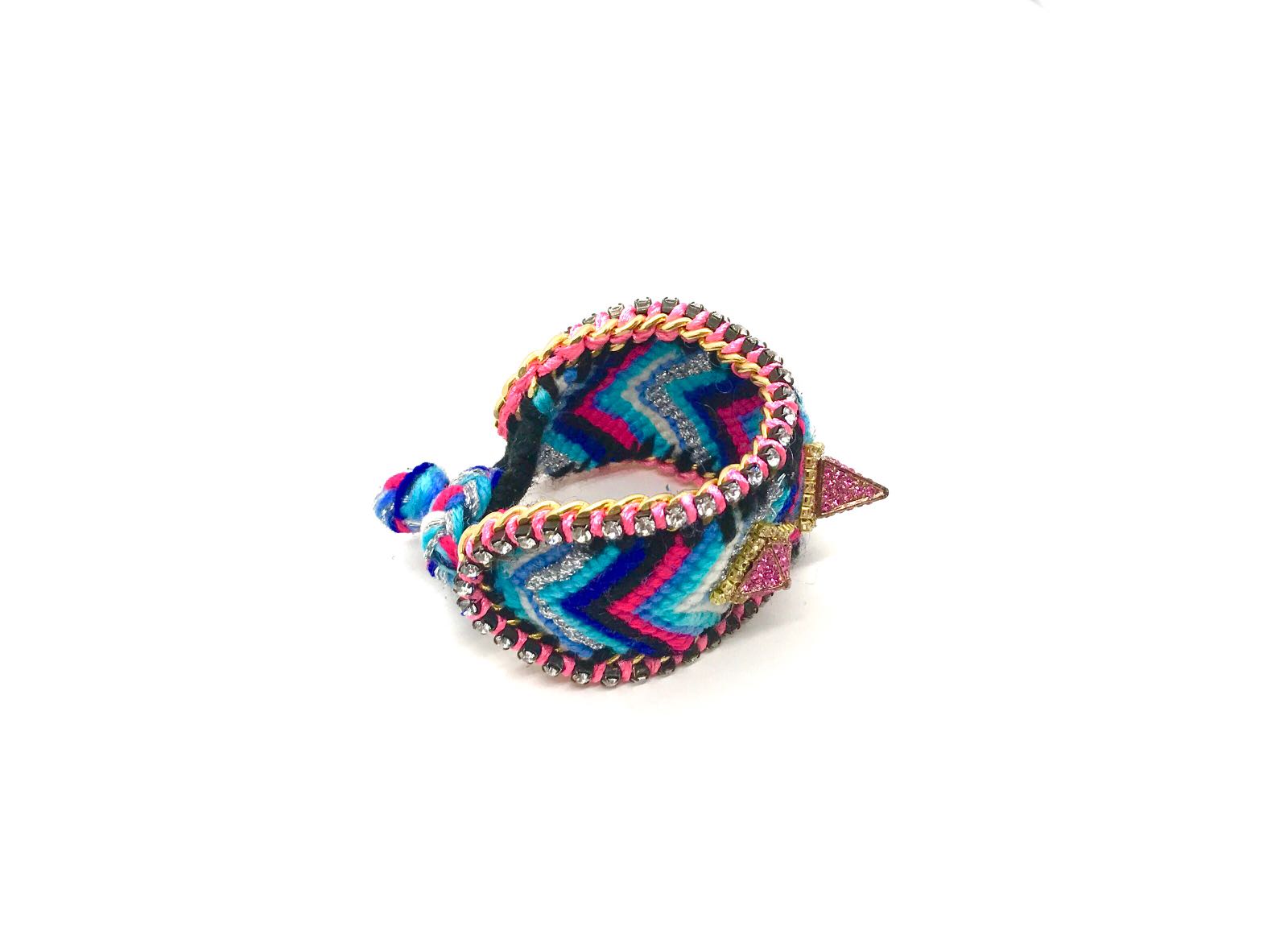 Luxury friendship bracelet- blue mix- pink crystal pyramid- pink ribbon