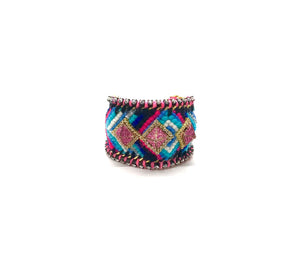 Luxury friendship bracelet- blue mix- pink crystal pyramid- pink ribbon