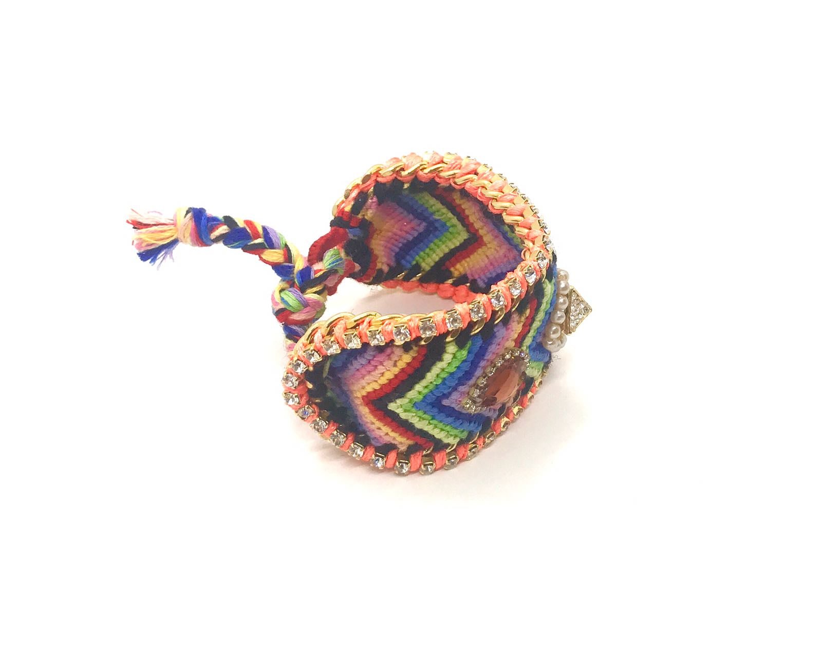 Luxury friendship bracelet- rainbow mix- brown crystal- orange ribbon