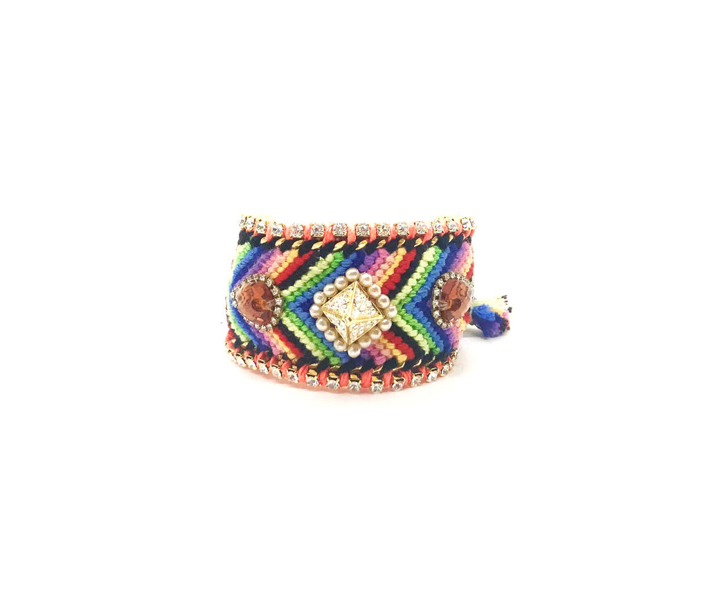 Luxury friendship bracelet- rainbow mix- brown and white crystal- orange ribbon