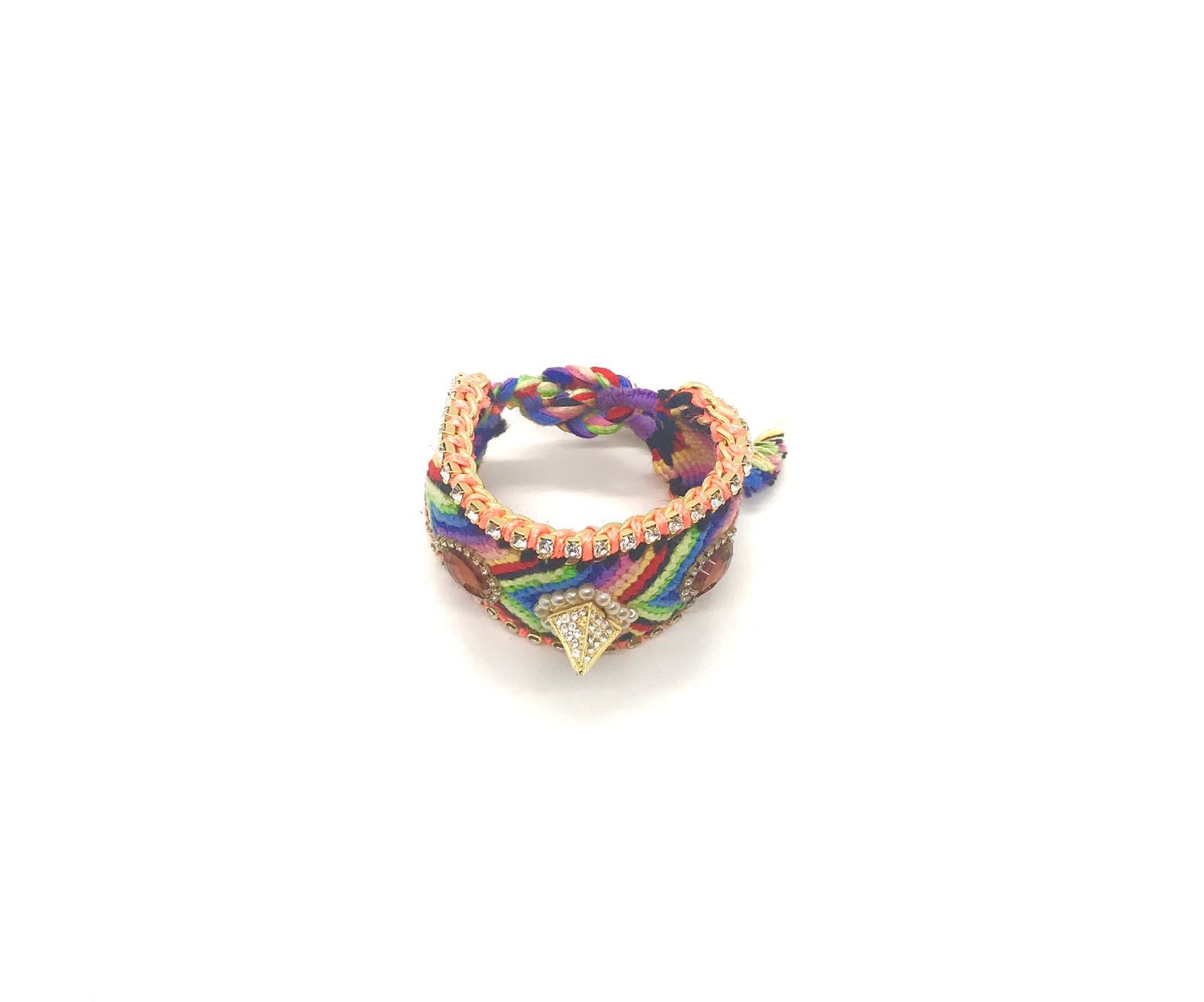 Luxury friendship bracelet- rainbow mix- brown and white crystal- orange ribbon