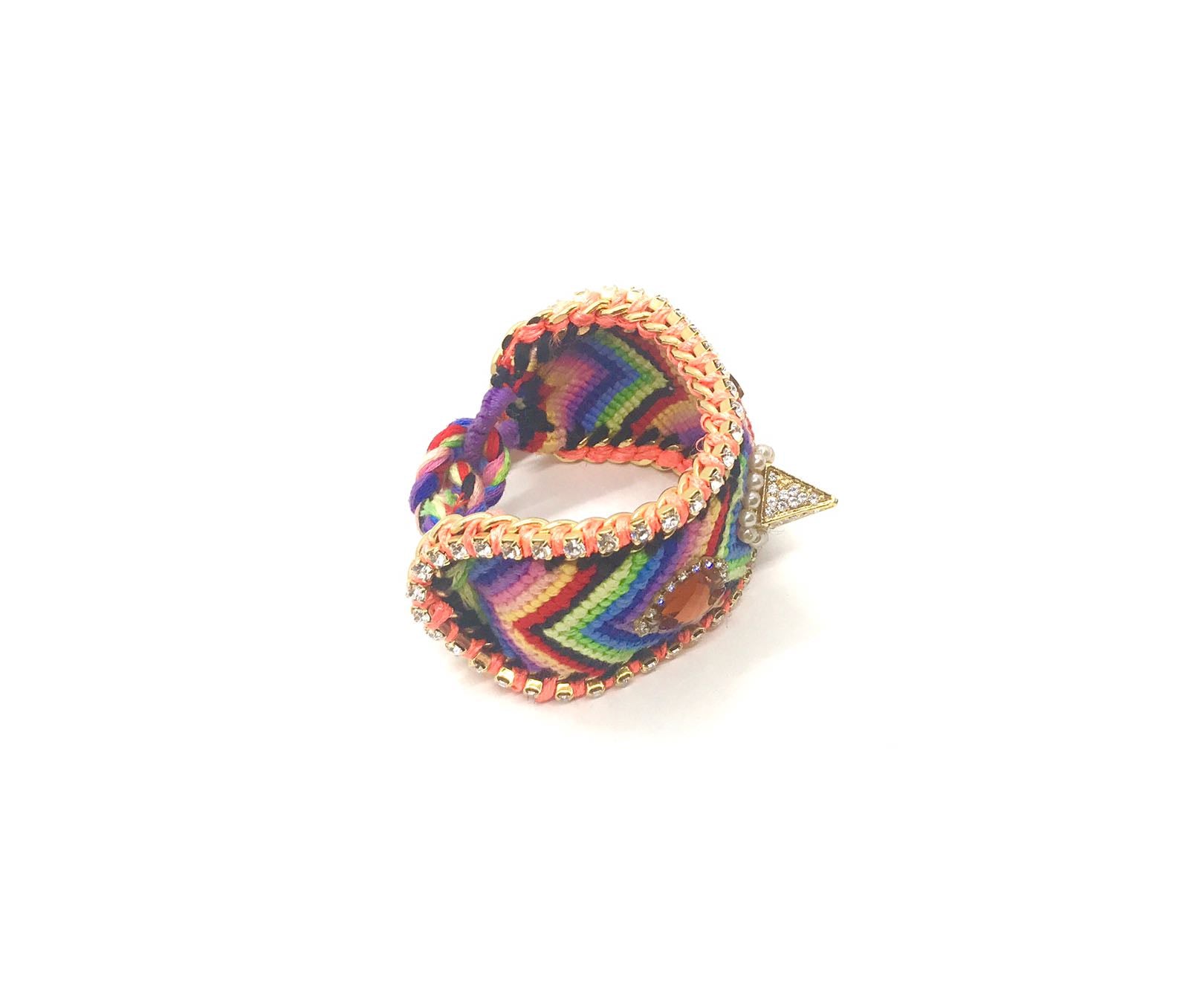 Luxury friendship bracelet- rainbow mix- brown and white crystal- orange ribbon