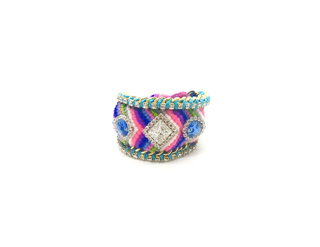 Luxury friendship bracelet- pink green mix- blue crystal- light blue ribbon