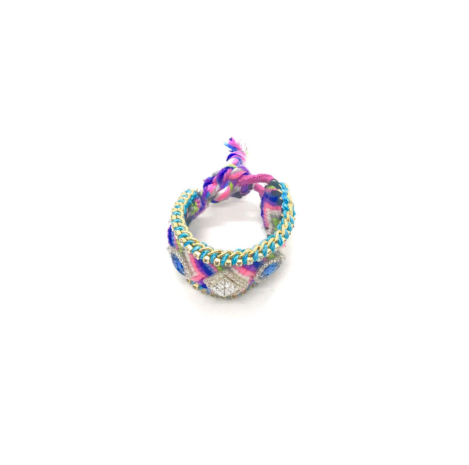 Luxury friendship bracelet- pink green mix- blue crystal- light blue ribbon