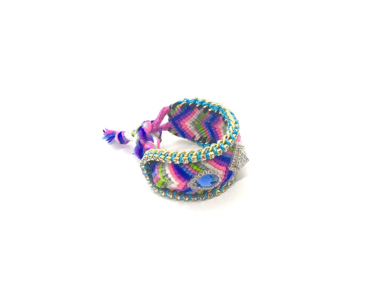 Luxury friendship bracelet- pink green mix- blue crystal- light blue ribbon