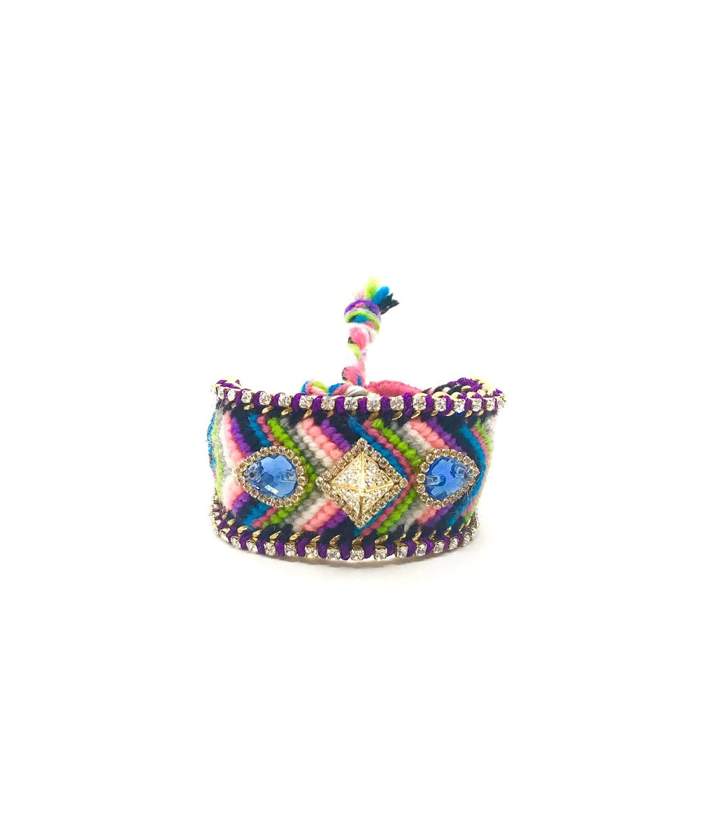 Luxury friendship bracelet- pink green mix- blue crystal- purple ribbon