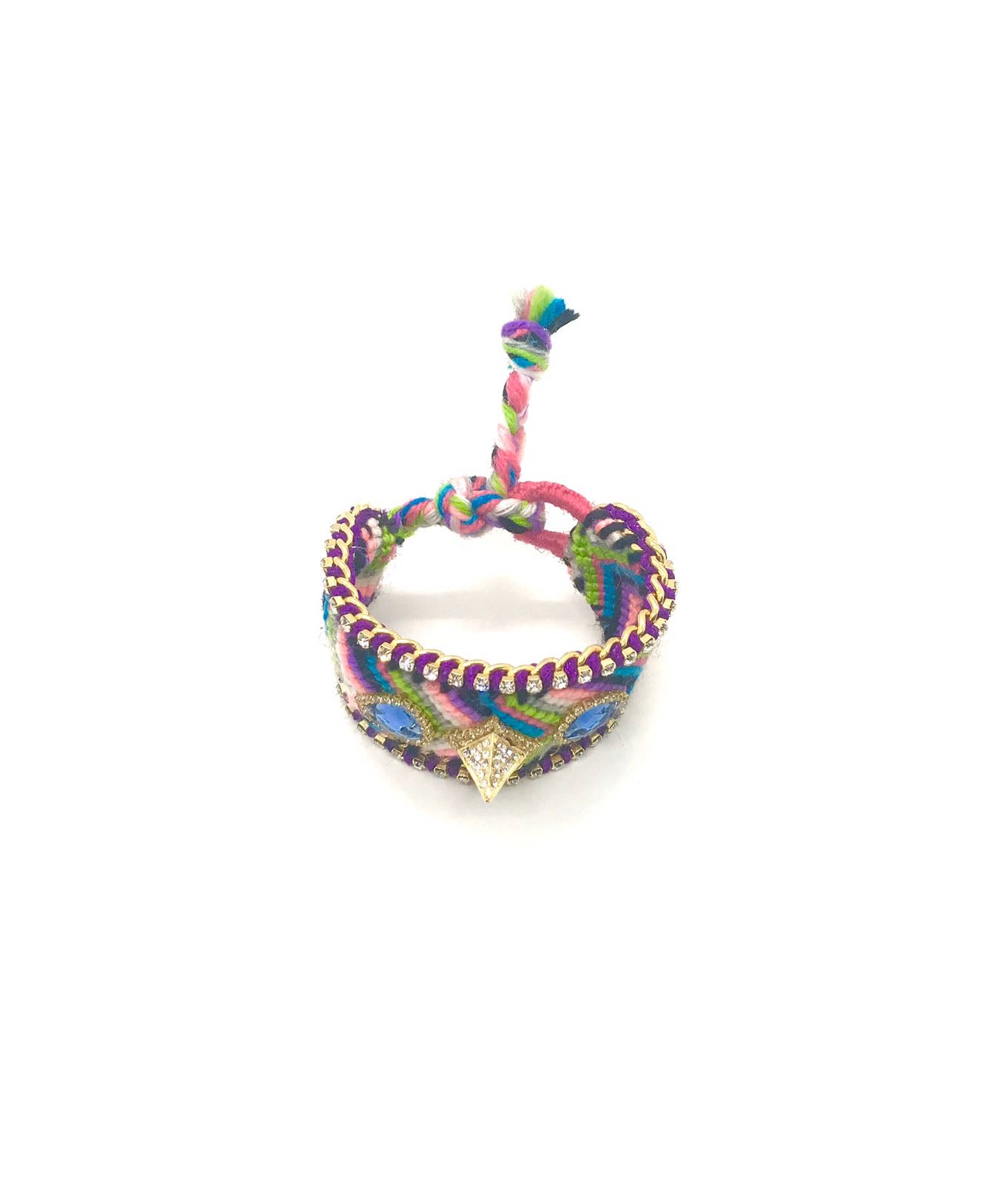 Luxury friendship bracelet- pink green mix- blue crystal- purple ribbon