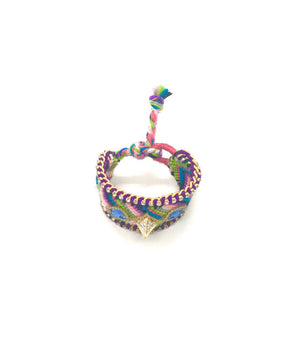 Luxury friendship bracelet- pink green mix- blue crystal- purple ribbon