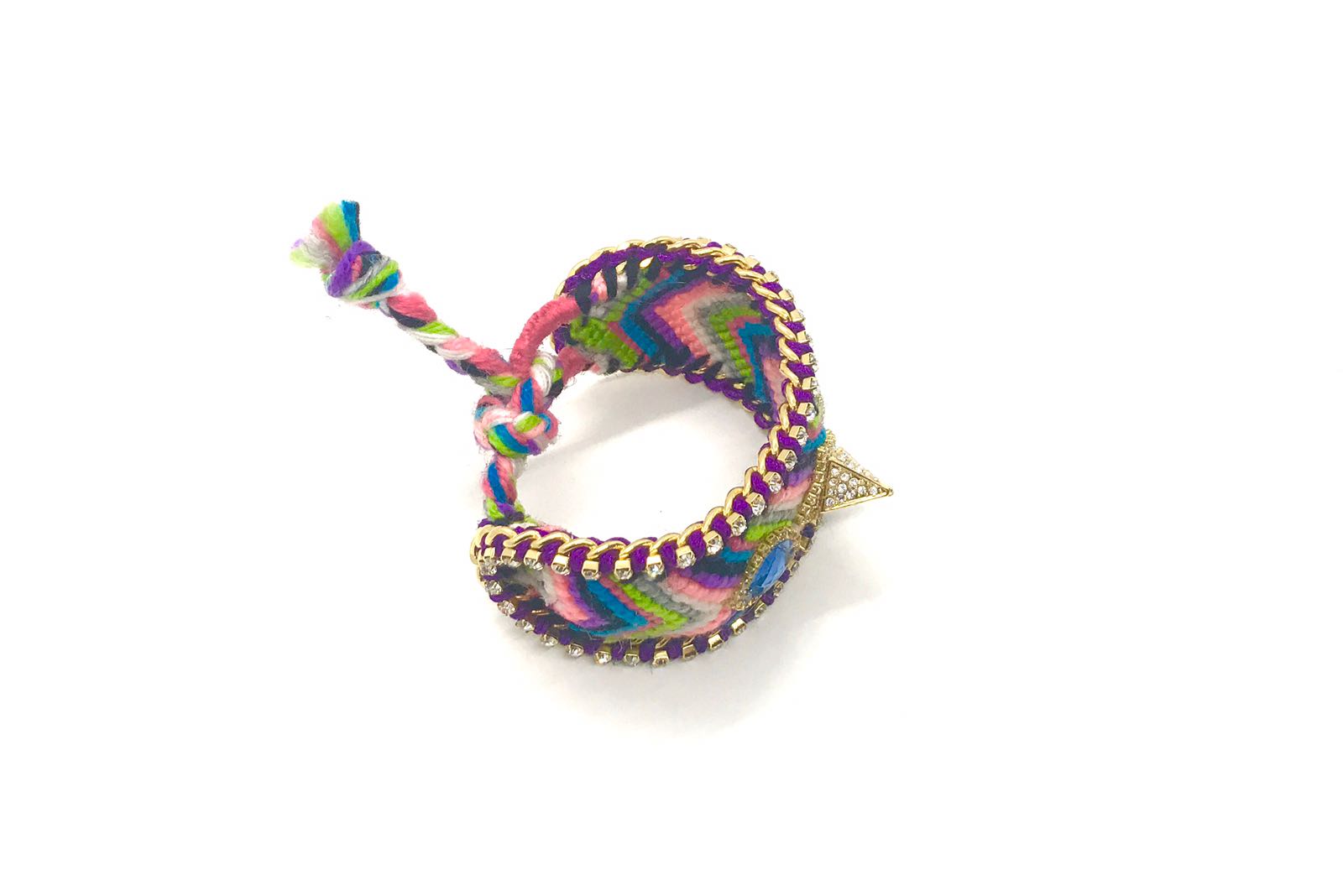 Luxury friendship bracelet- pink green mix- blue crystal- purple ribbon