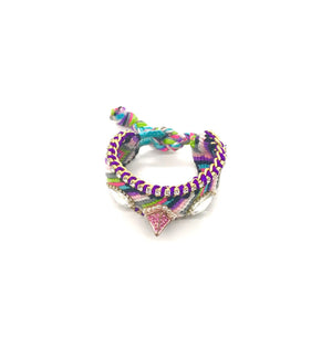 Luxury friendship bracelet- pink green mix- AB crystal- purple ribbon