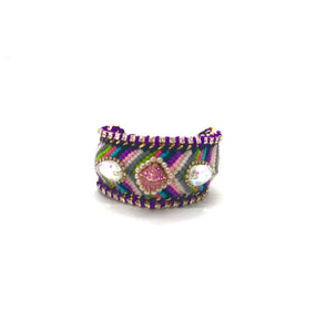 Luxury friendship bracelet- pink green mix- AB crystal- purple ribbon