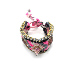 Luxury friendship bracelet- pink grey mix- purple crystal- grey ribbon