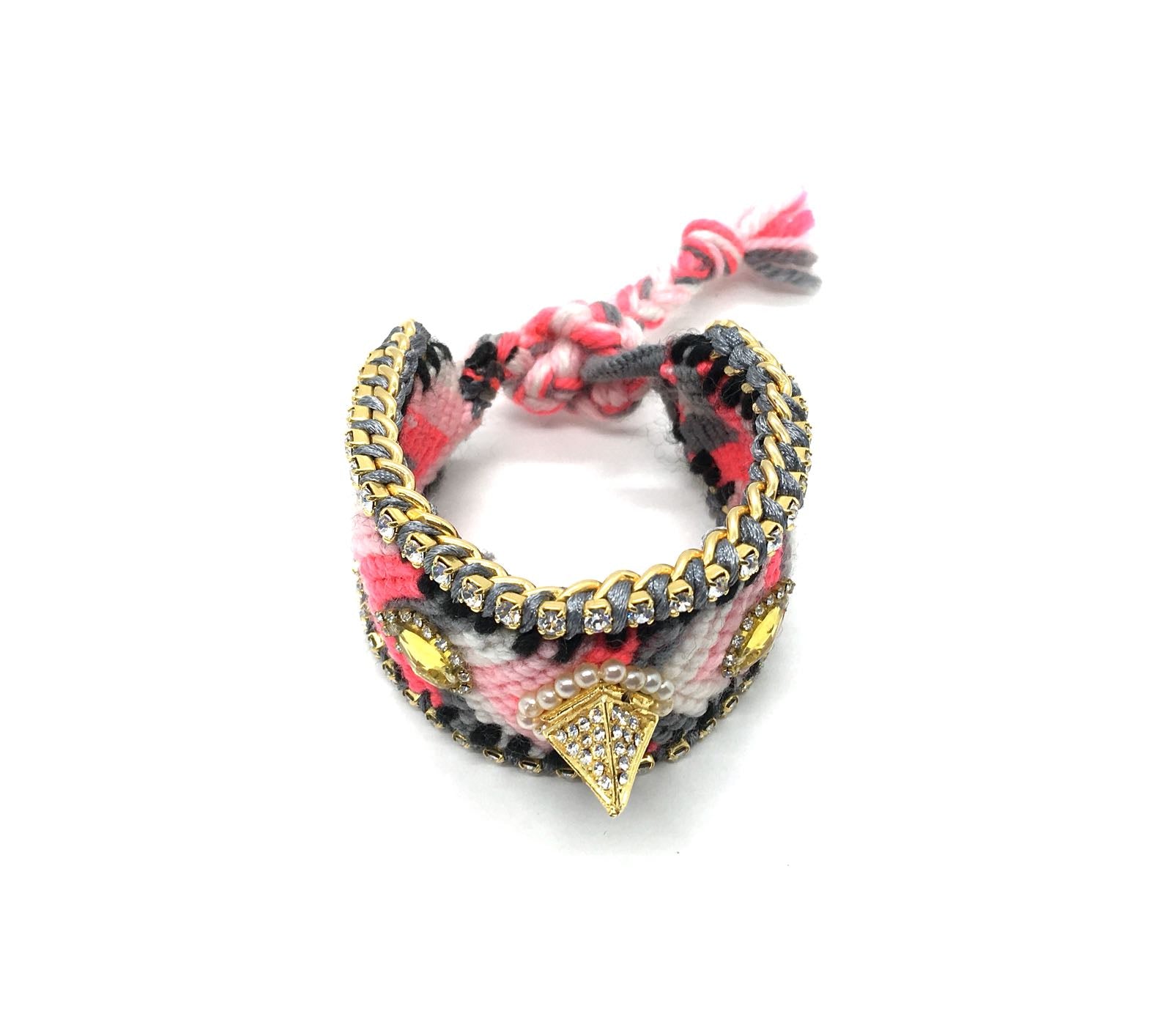 Luxury friendship bracelet- salmon grey mix- yellow crystal- grey ribbon