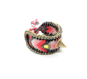 Luxury friendship bracelet- salmon grey mix- yellow crystal- grey ribbon