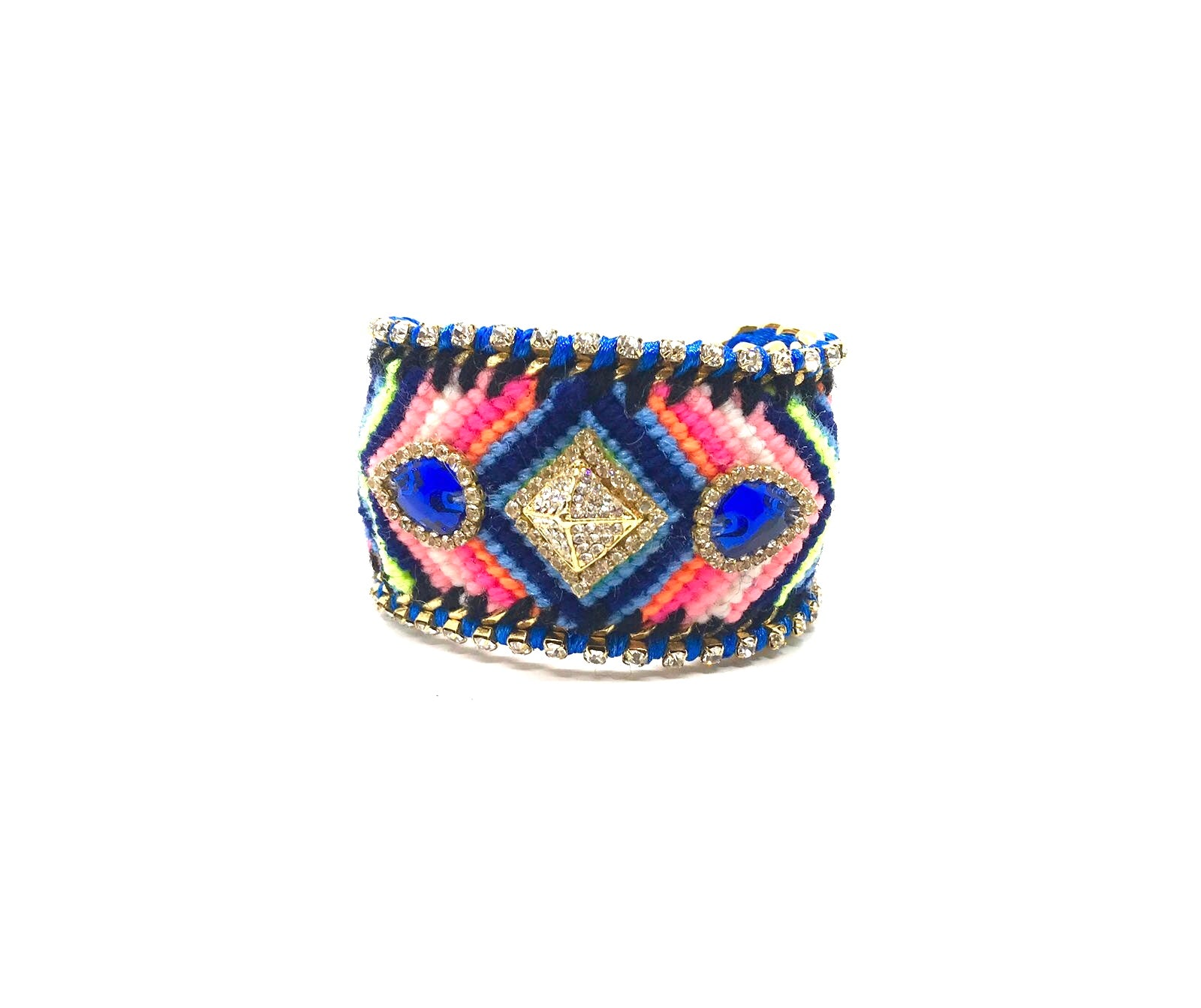 Luxury friendship bracelet- blue pink mix- navy and white crystal- blue ribbon