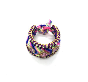 Luxury friendship bracelet- blue yellow mix- purple crystal- purple ribbon