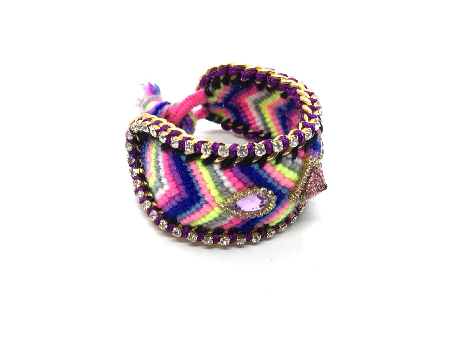 Luxury friendship bracelet- blue yellow mix- purple crystal- purple ribbon