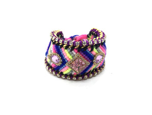 Luxury friendship bracelet- blue yellow mix- purple crystal- purple ribbon