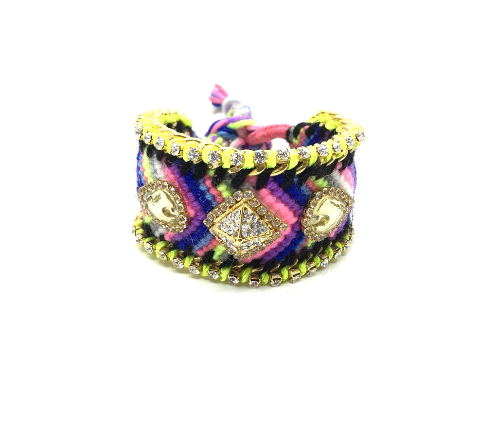 Luxury friendship bracelet- blue yellow mix- yellow crystal- green ribbon