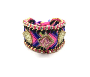 Luxury friendship bracelet- blue yellow mix- AB raisin- pink ribbon