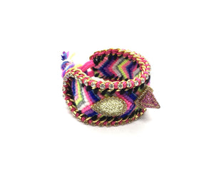 Luxury friendship bracelet- blue yellow mix- AB raisin- pink ribbon