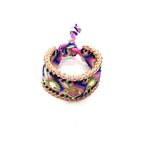 Luxury friendship bracelet- blue yellow mix- yellow crystal- light pink ribbon