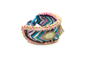 Luxury friendship bracelet- glitter green mix- AB raisin- light pink ribbon