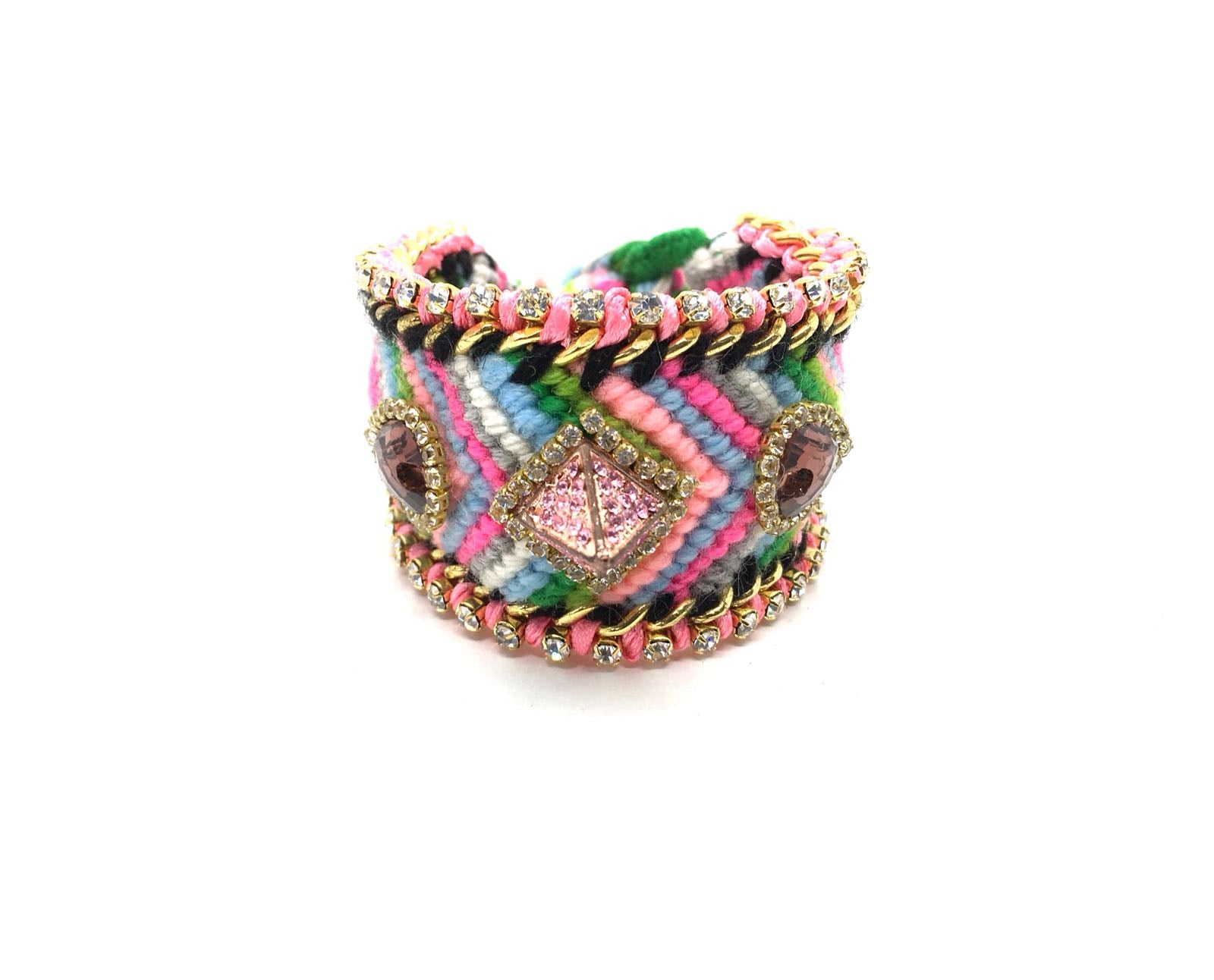 Luxury friendship bracelet- green pink mix- purple crystal- light pink ribbon