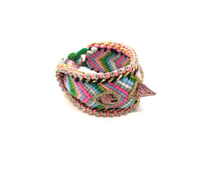 Luxury friendship bracelet- green pink mix- purple crystal- light pink ribbon
