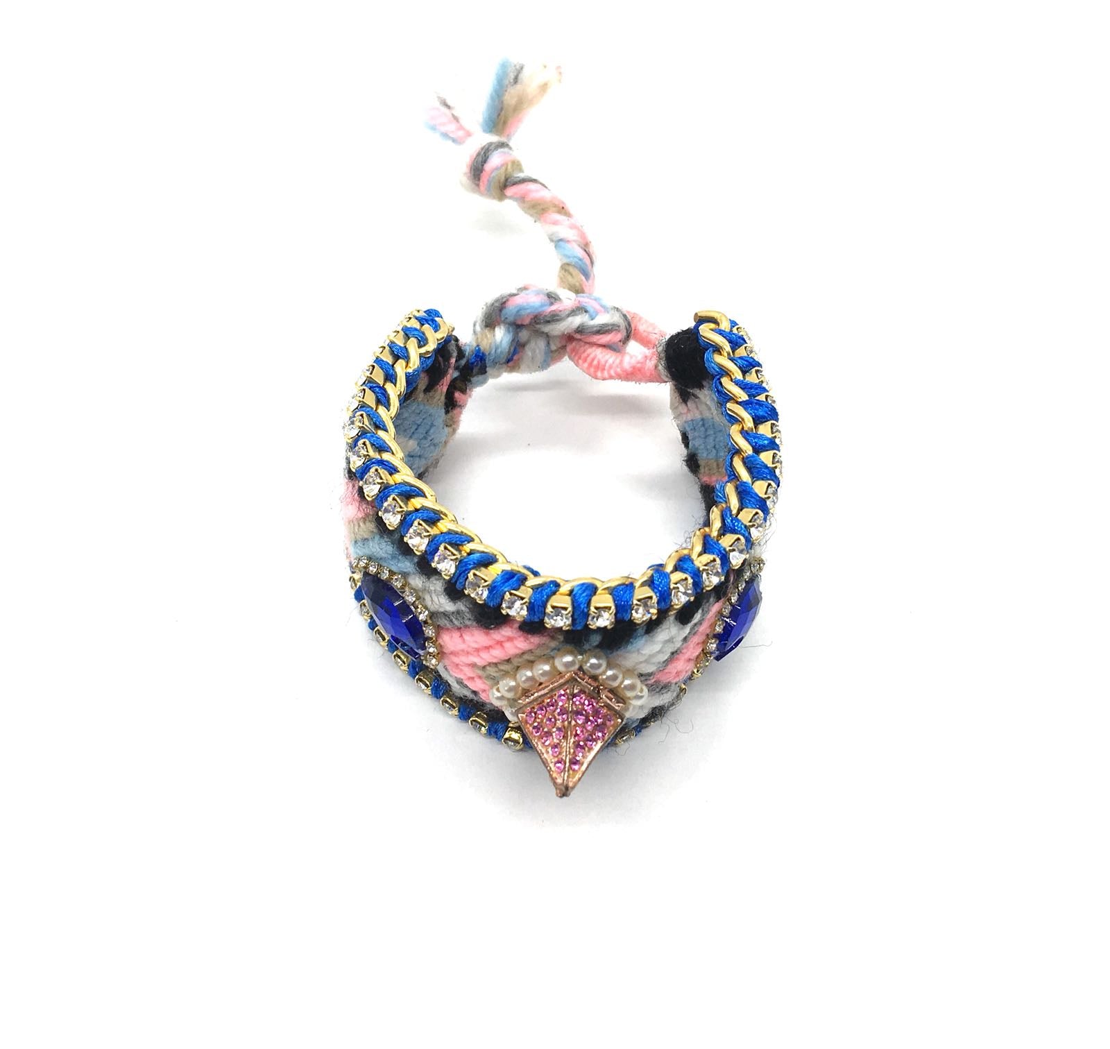 Luxury friendship bracelet- pink white mix- navy crystal- blue ribbon