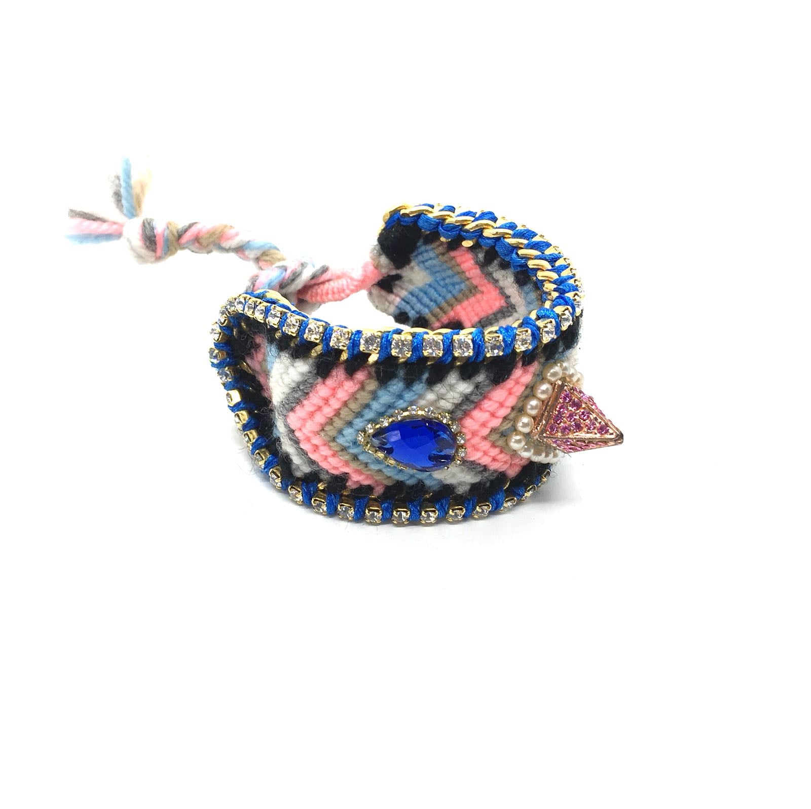 Luxury friendship bracelet- pink white mix- navy crystal- blue ribbon