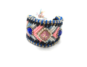 Luxury friendship bracelet- pink white mix- navy crystal- blue ribbon
