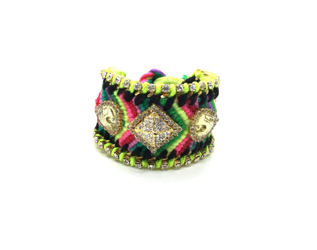 Luxury friendship bracelet- pink yellow mix- yellow crystal- green ribbon