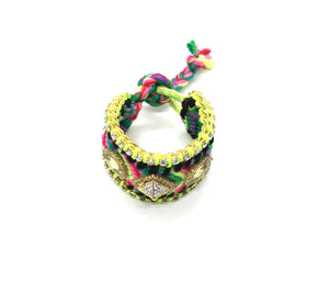 Luxury friendship bracelet- pink yellow mix- yellow crystal- green ribbon
