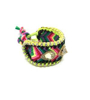 Luxury friendship bracelet- pink yellow mix- yellow crystal- green ribbon