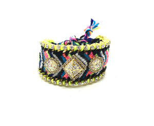 Luxury friendship bracelet- fluorescent rainbow mix- AB raisin- green ribbon